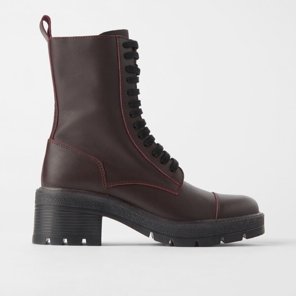 Zara Burgundy Combat Lug Soles Laced Leather boots - Picture 1 of 5